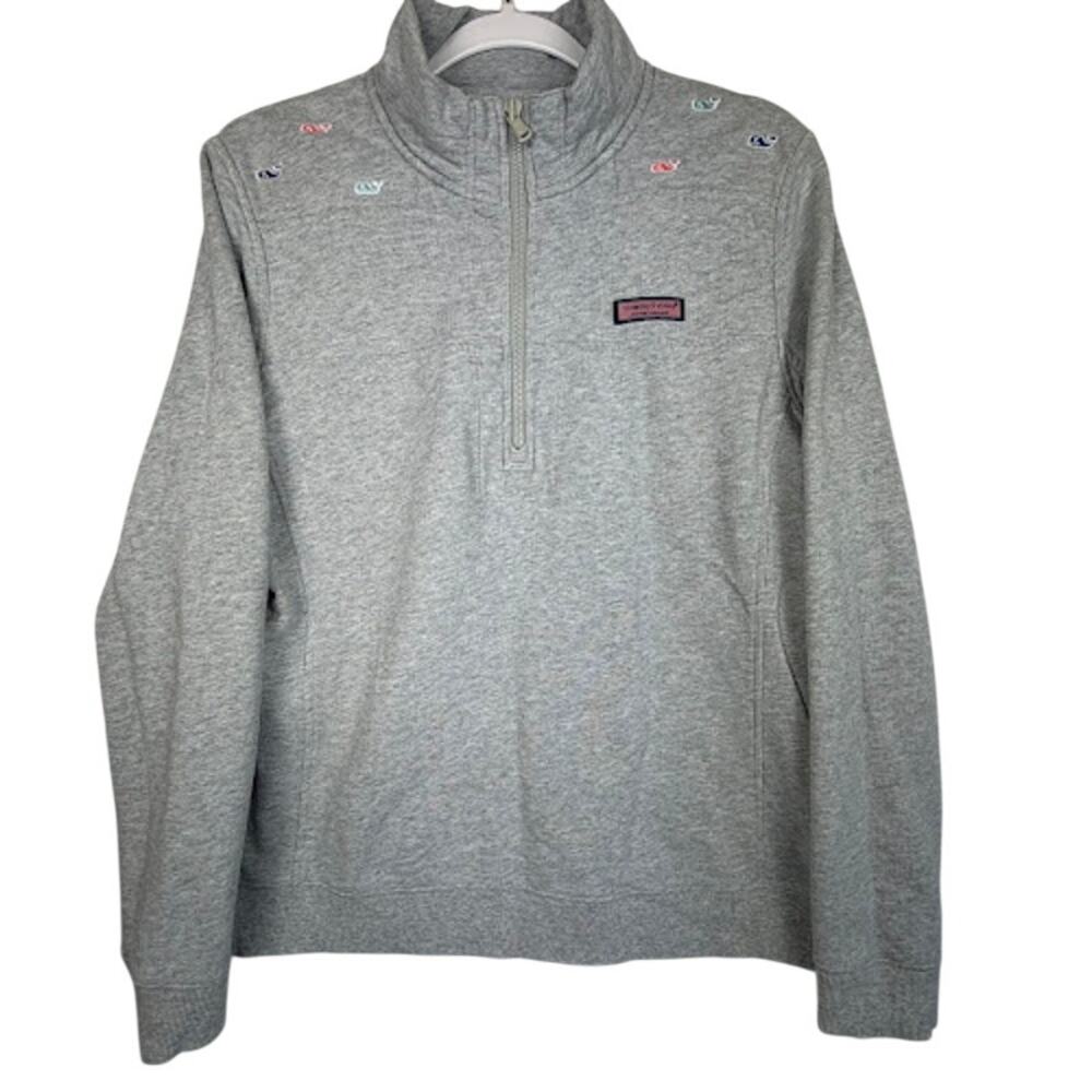 Vineyard Vines Shep Pastel Party Whale Embroidered Gray Quarter Zip Shirt Size L